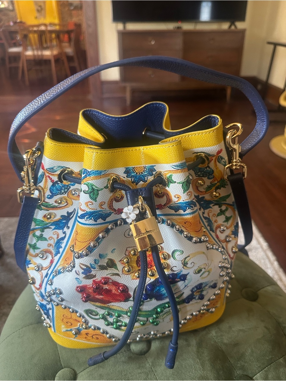 Yellow & Blue Floral Drawstring Crossbody Bucket Bag